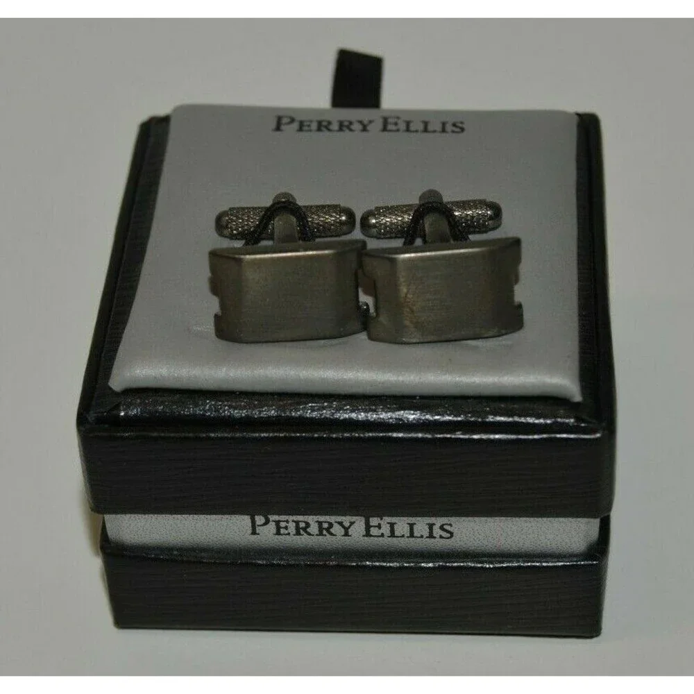 Nice Aged PERRY ELLIS Gun Metal Silver Classic Men's Dress Cuff Links w/ Box
